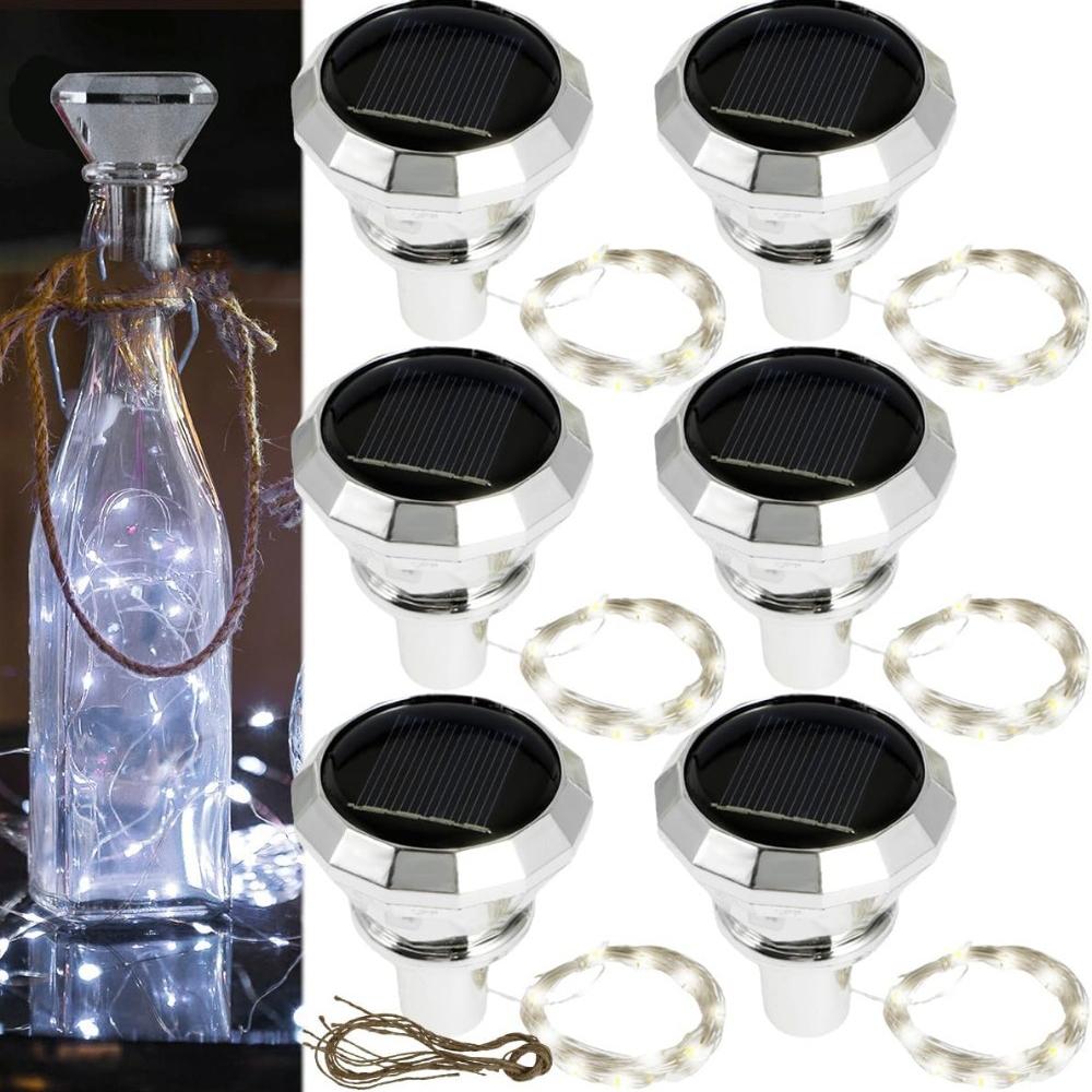 6Pcs Solar Bottle Lights Outdoor Waterproof Wine Bottle Lights 2M 20 LED Copper Wire Fairy String Lights Auto On/Off for Wedding Christmas Party