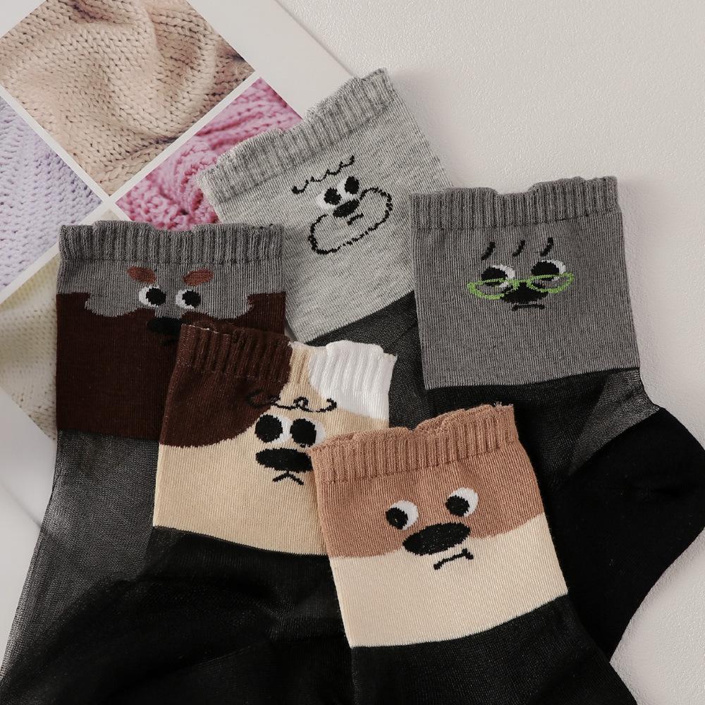 5 Pairs of Ultra-thin Socks with Cotton Soles and Silk Surfaces. The Cuffs Are Loose in Winter To Prevent Fraying. Cartoon Design.
