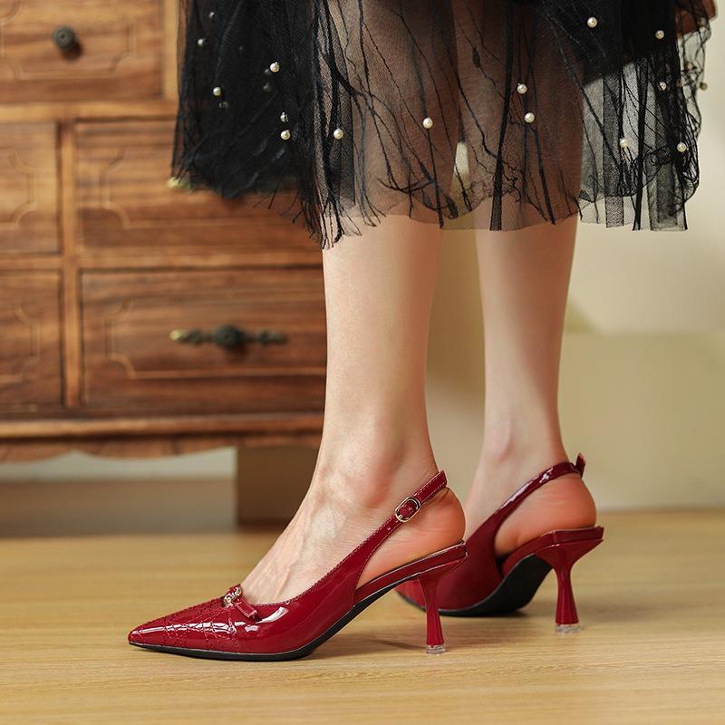 Baotou sandals women's pointed head stiletto high heels patent leather sheepskin back strap new burgundy