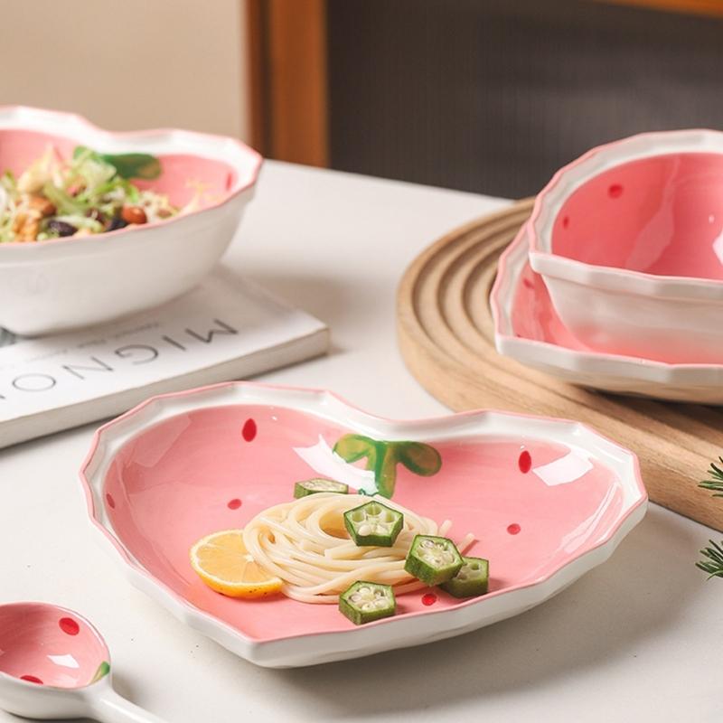 Multipurpose Strawberry Heart Ceramic Dinnerware Salad Bowl Plate Dish for Breakfast Lunch Dinner Dessert Serving