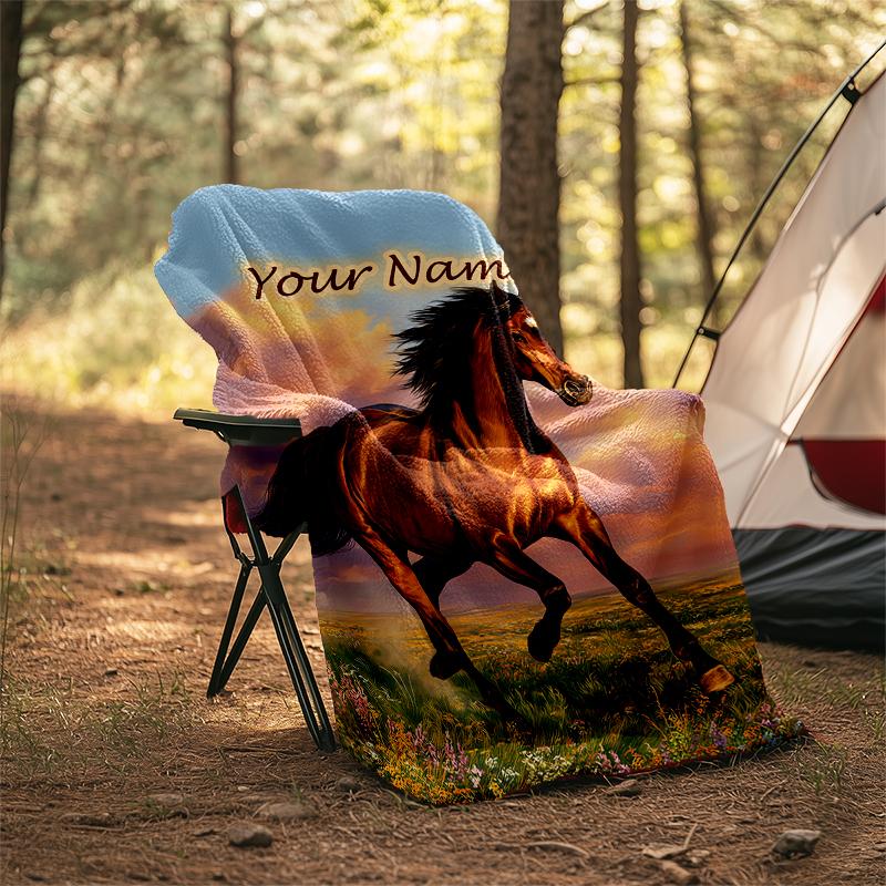 1PC Custom Name Horse Freedom Nature Outdooor Flannel Blankets Patterns Throw Blanket All-Season Soft Gift for Couch, Bed, Camping Gifts
