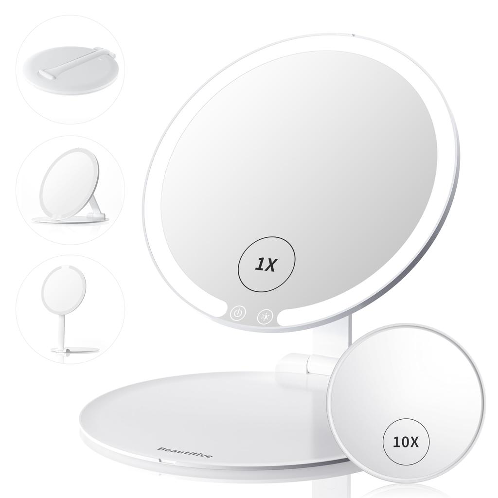 Beautifive LED Makeup with 10x Pocket USB Battery Side Guide Light 4 Brightness 3 CRI Color Round Shape Mirror, Tabletop, Foldable, Light,