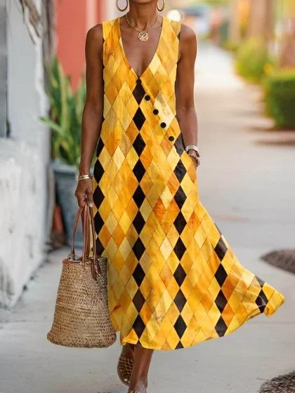 Summer V-neck Sleeveless Diagonal Button-up Vest Skirt Long Women's Vacation Casual Dress