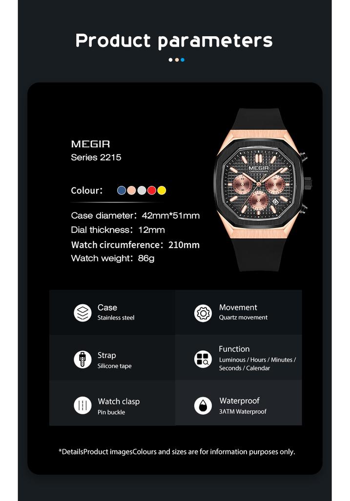 MEGIR Men Watches Luxury Casual Sports Chronograph Silicone Strap Military Quartz Wristwatch Waterproof Calendar Male Clock 2215
