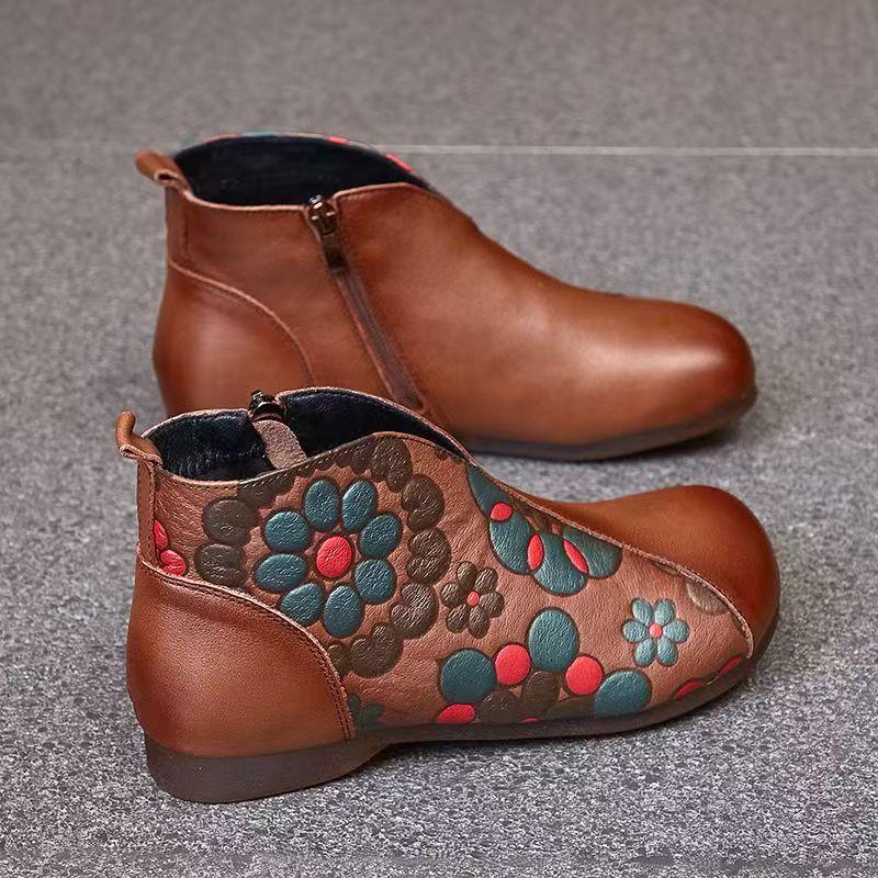 Dames Etnische Stijl Echt Leer Katoenen Laarzen Herfst Winter Nieuw Leerreliëf Pluche Warm Houden Platte zool Ritsen Enkellaarzen