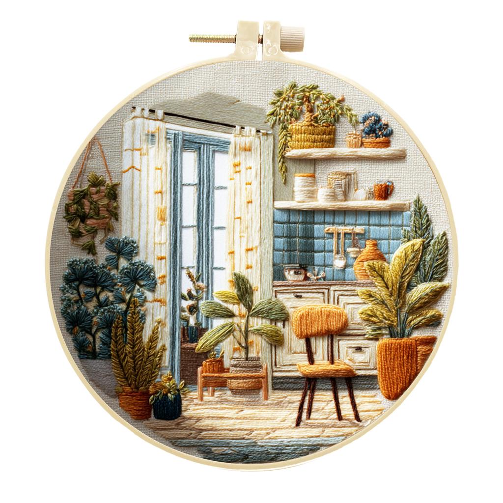 1 Set Cafe Garden Themed Embroidery Kit, Including Tools and Stitch Tutorials Suitable for Beginners, Embroidery Fabric Material Kit Cotton Linen