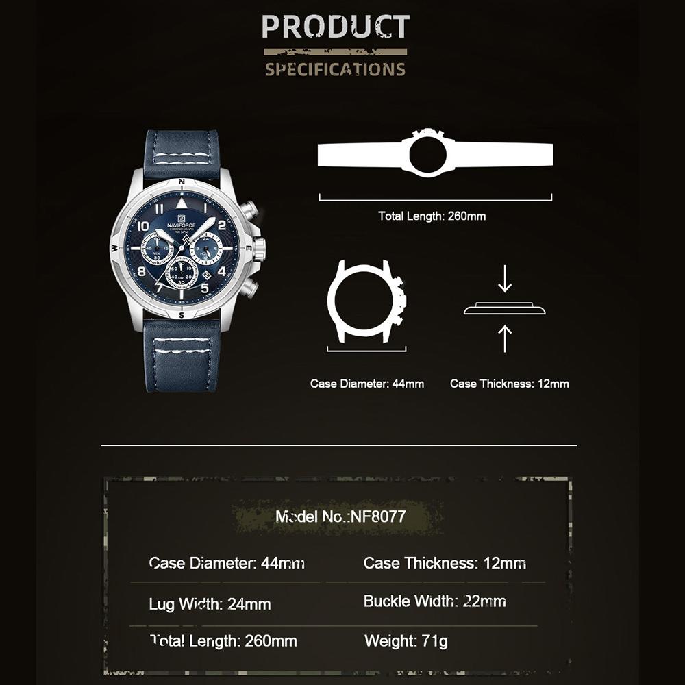 NAVIFORCE Original Men Quartz Watch Chronograph Mini Dial Calendar Date Leather Strap Luminous Hands 30m Waterproof Men Watch Gift NF8077