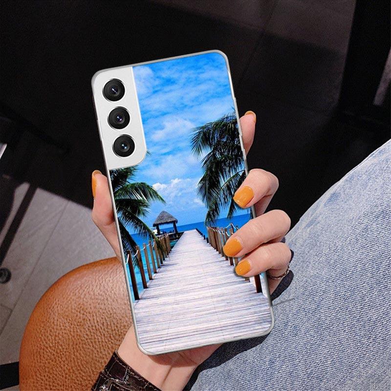 Sommerstrand-Sonnenuntergangs-Meerpalmen-Handyhülle für Samsung Galaxy S24 S25 Edge S26 Ultra S23 S22 S21 Plus S20 FE + personalisiertes Pr