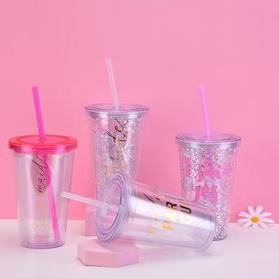 Gifts Wedding Water Cup 16Oz Double Layer Plastic Straw Cup Transparent Simple Sequin Plastic Cup Female