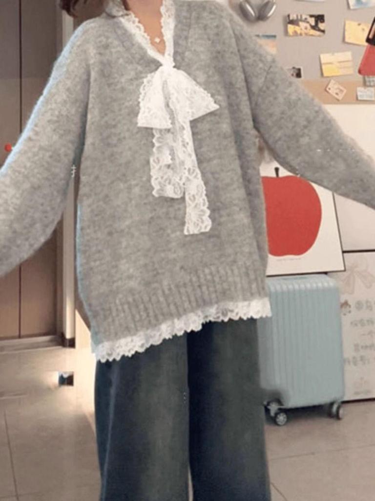 Grey Lace Long Sleeve Loose Knit Sweater - Spring/Autumn Design