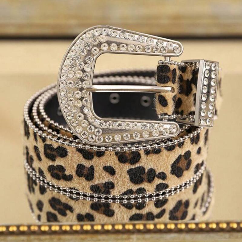 Women  Solid /Leopard Print Studded  Belt Pu Leather Bling  Adjustable Glitter Waistband For Club Party