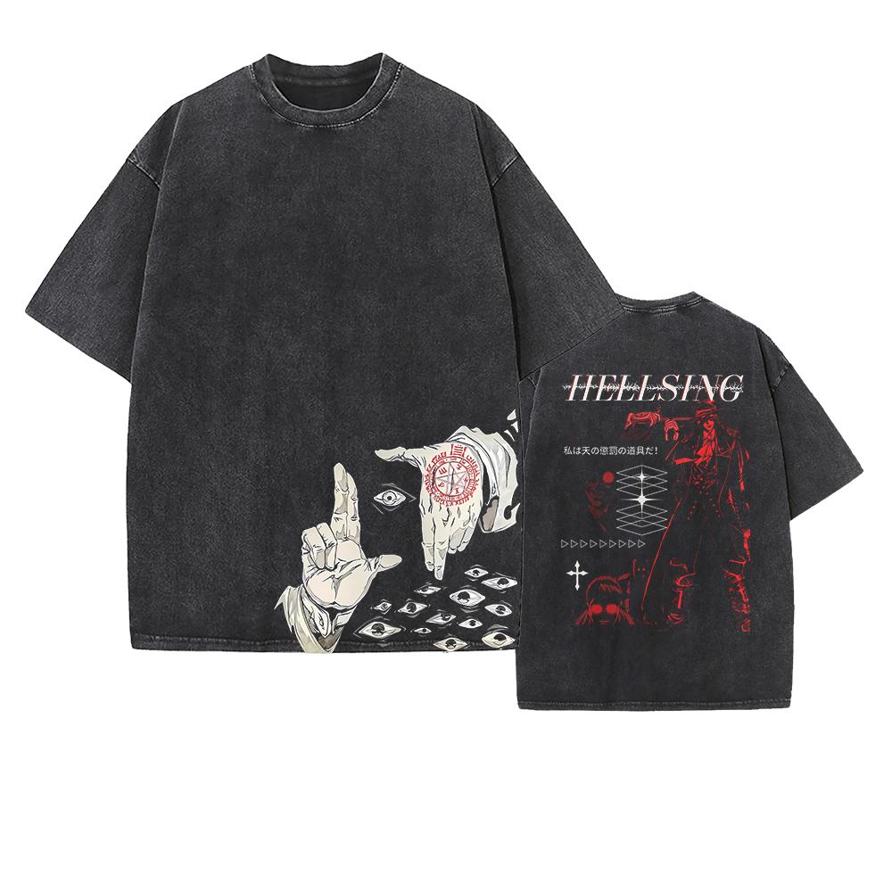 Hellsing Manga Graphic T-shirt For Men Women Clothing Vintage Washed Oversized T Shirt Summer Pure Cotton Short Sleeve Tees