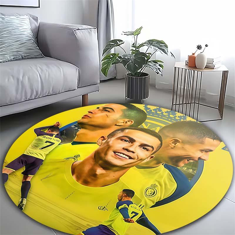 Riyadh Soccer Star Collage Portrait Print Round Area Rug Non‑Slip Circular Floor Mat Sport Fan Home Decor for Living Bedroom Gaming Room