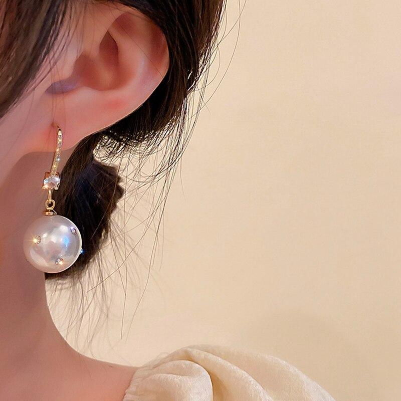 New Fashion Fine 14K Real Gold Big Pearl Crystal Drop Earrings for Women High Quality Jewelry Zircon S925 Silver Needle Gift