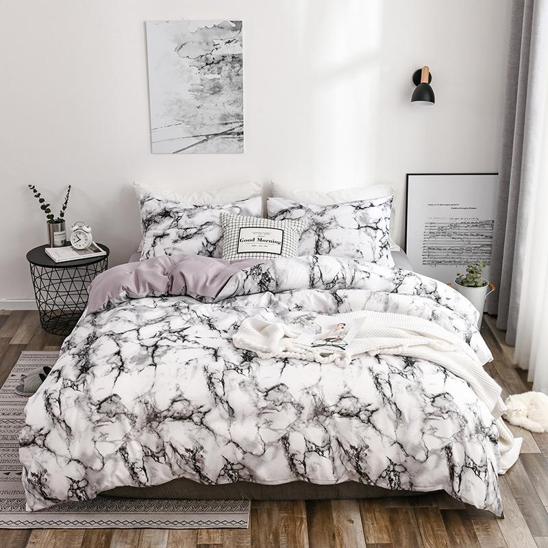 Marble Pattern Solid Color Bedding Set - Duvet Cover & Bedsheet, 3 or 4 Pieces