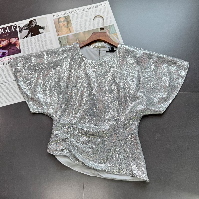 Foreign Trade Order F * 21 L.G.S.P Style Silver Sequined Batwing Sleeve Waist Hugging Irregular Temperament Top