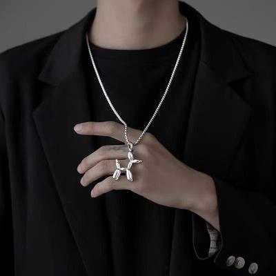 Bungee Jumping Balloon Dog Necklace: Punk Hip Hop Titanium Steel Sweater Chain for Couples with Accessories