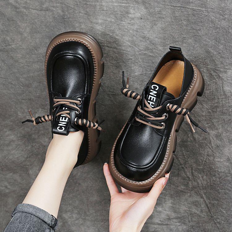 Women's Genuine Soft Leather Loafers, British Style 2025 - Spring/Autumn, Thick Sole, Lace-up, Versatile, Comfortable Shoes