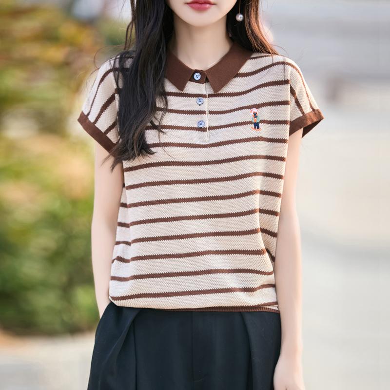 

Женская вязаная футболка 100% шерсть MODERN NEW SAGA Летняя вязаная рубашка Футболки с коротким рукавом Отложной воротник Пэчворк Пуловер Вязаные топы M кофейный