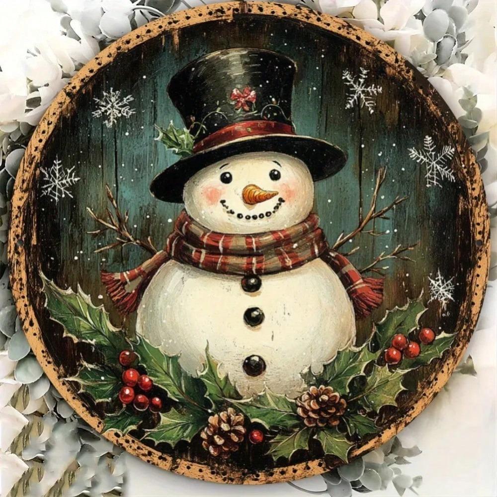 Vintage Metal Tin Sign 8x8 Inch Snowman Wreath Wall Art Rustic Home Decor