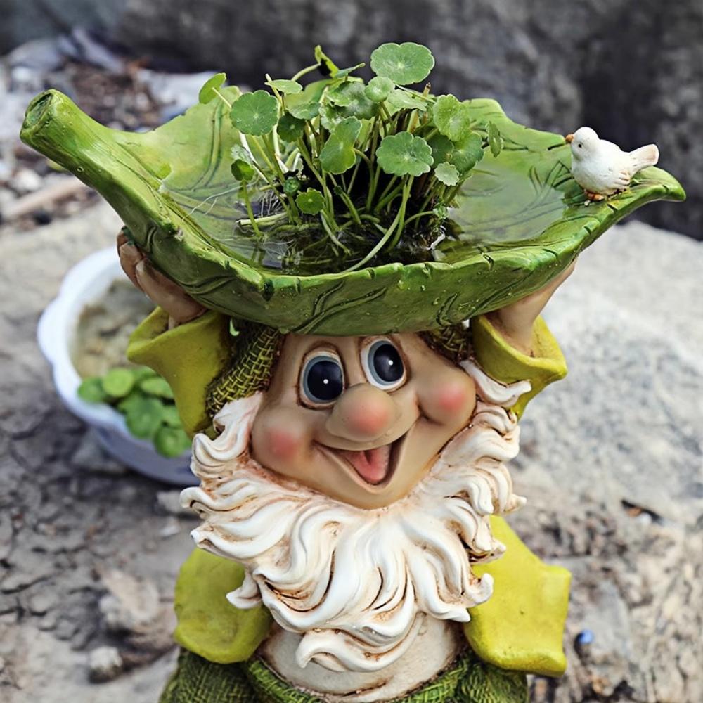 Dwarf Garden Sculpture Statue Multi functional Home Decoration Ornament Creative Bird Food Plate Green Plant Flower Pot
