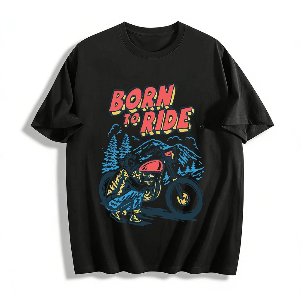 Born To Ride Motorcycle Print Tee Outdoor Riding Retro Casual Top Pure cotton T-shirt