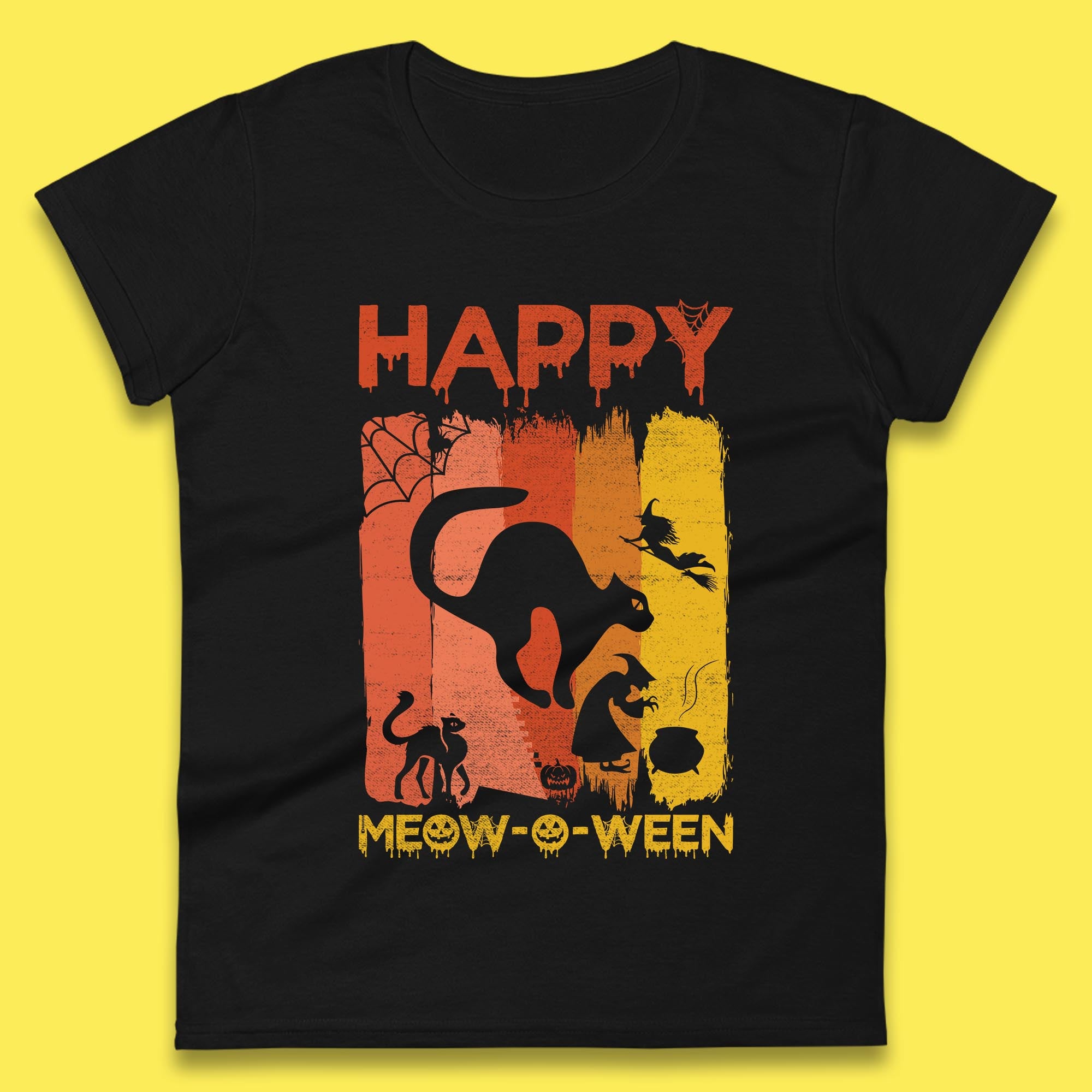 Happy Meow-O-ween Funny Halloween Black Cat Scary Spooky Womens Tee T Shirt Mens Tops Unisex Top XL