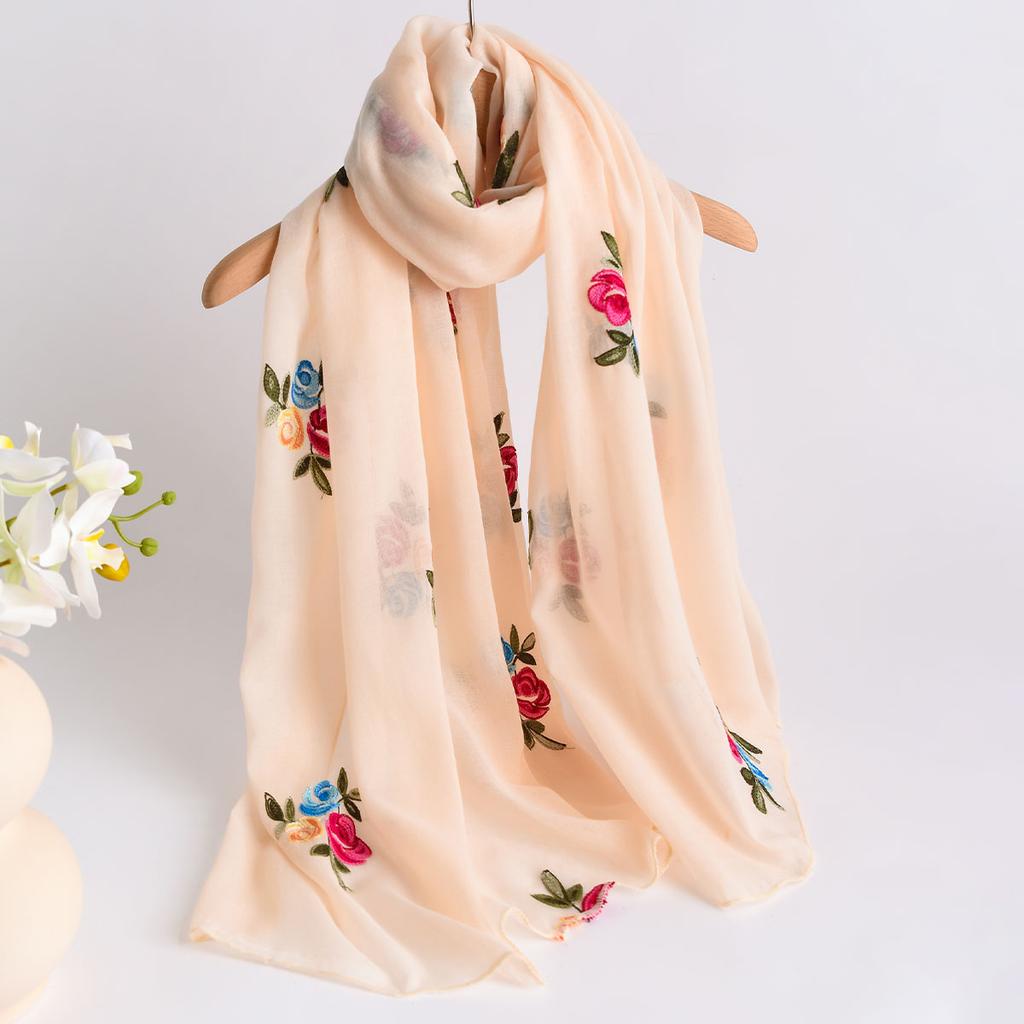 Spring Summer New Lightweight Breathable Cotton Linen Embroidery Scarf Ethnic Style Fashionable Soft Women'S Sunscreen Scarf