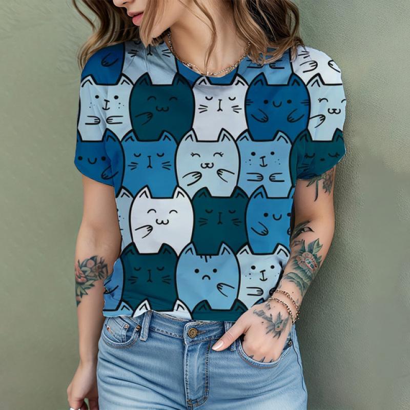 2024 New Fashion Women's T Shirt Cute Cat Printed Short Sleeve Round Neck Fun Pattern T Shirt Summer Home Casual Women's Tops