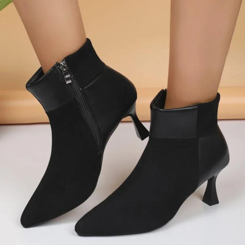 

2024 Осенние ботильоны на высоком каблуке, женские ботинки с леопардовым принтом больших размеров, женские туфли с острым носком в стиле ретро, с боковой молнией 35 чёрный
