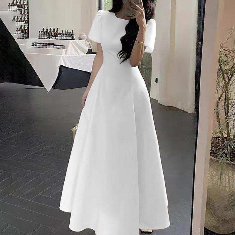 ZANZEA Women Elegant Round Neck Casual Short Sleeve Long Dress S белый