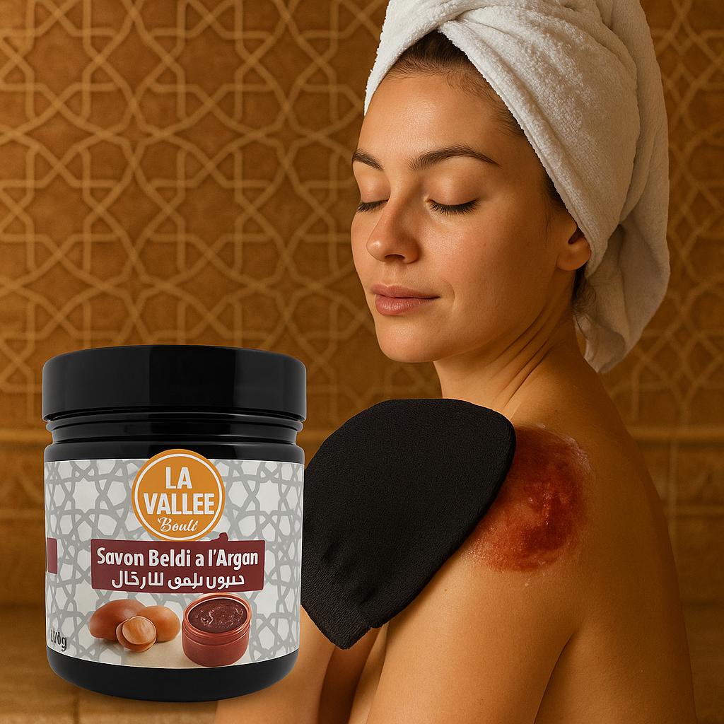 Moroccan Black Soap with Argan Oil 200g + Kessa Glove – Nourishing Hammam Skincare Set