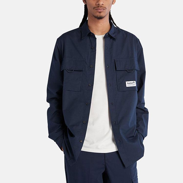 Timberland Solid Color Polo Collar Single-Breasted Long Sleeve Shirt Men Shirts Blue A6RC9-433