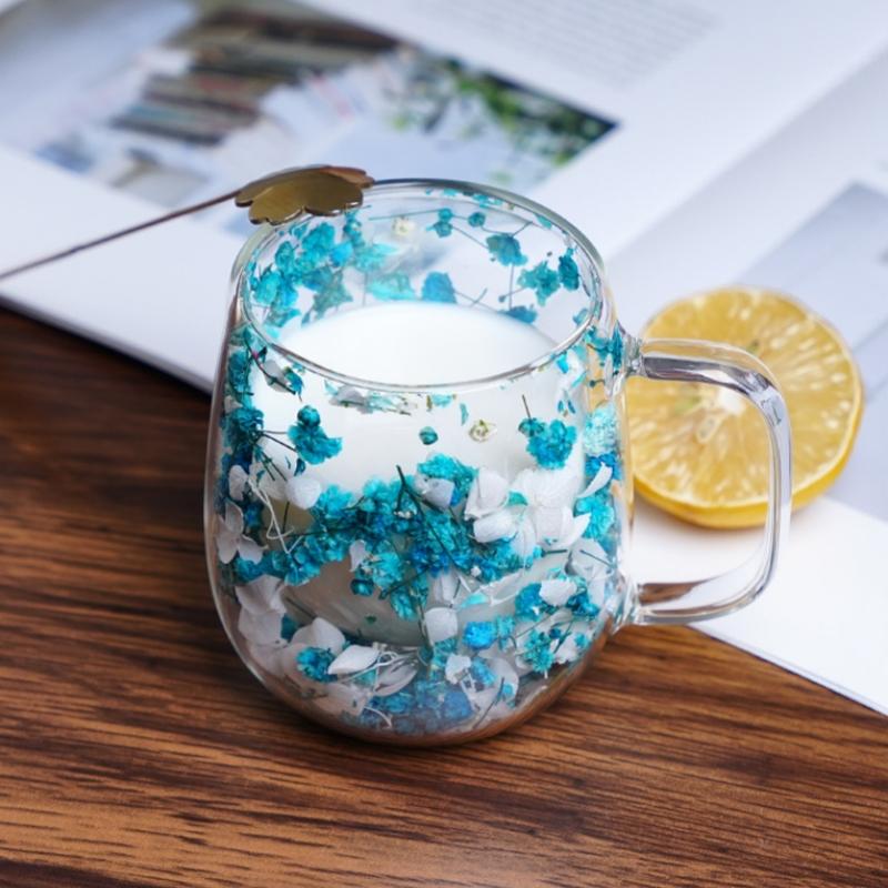 250ml Double-Walled Glass Cup with Handle High Borosilicate Reusable Coffee Mug, Built-In Floral Design for Hot & Cold Beverages