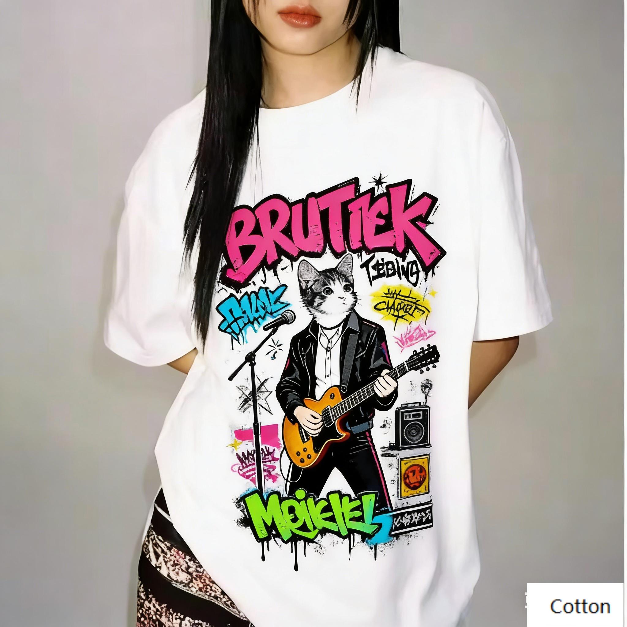 

Cool Punk Cat Vocalist Print TShirt with BRUTIEK Lettering Oversized Casual Cotton Tee Retro Aesthetic Funny Graphic M