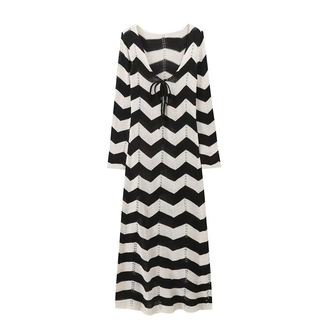 

ZA Женское платье в европейском и американском стиле с U-образным вырезом, шнуровкой, узким трикотажем и длинной юбкой контрастного цвета с рябью Medium