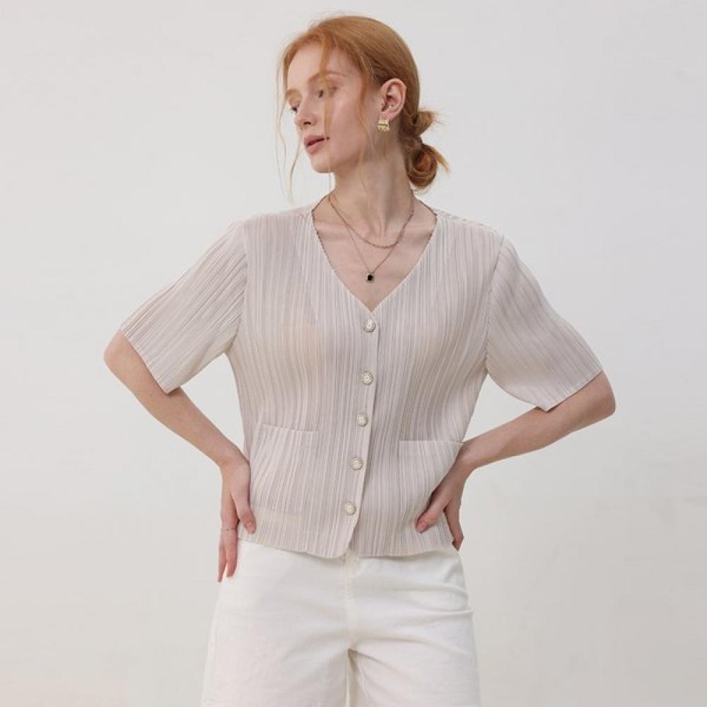 

Tweed Pleats Short Sleeve Jacket Blouse Mood FREE/BLACK