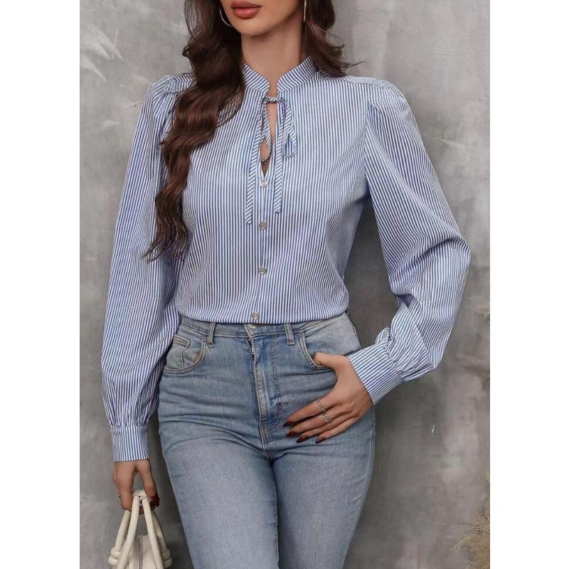 Fashion V-neck Lace-up Striped Women Long Sleeved Shirt Button-up Loose Elegant Casual Office Blouse Spring Autumn Simple Streetwear Women Clothing