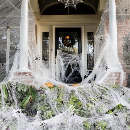 Halloween Decoration White Spider Web Stretchable Cotton Cobweb Decor with 100 Plastic Spiders Safe Indoor Halloween Props
