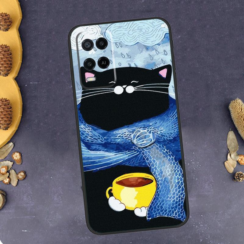 Cute Animal Cat Coffee Phone Case For Oppo A94 A74 A54 A15 A18 A38 A58 A78 A98 A40 A60 A80 A16 A76 A96 A57S A17 A77