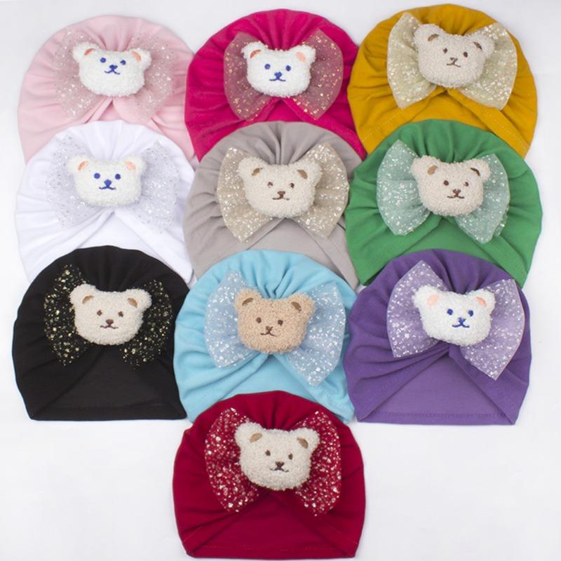 Spring boys and girls bear head hat, new bronzing bow cute pullover hat, baby tire hat