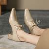 French Small Square Toe Block Heel Single Lace-Up Mid Heel Deep Mouth Women's Shoes