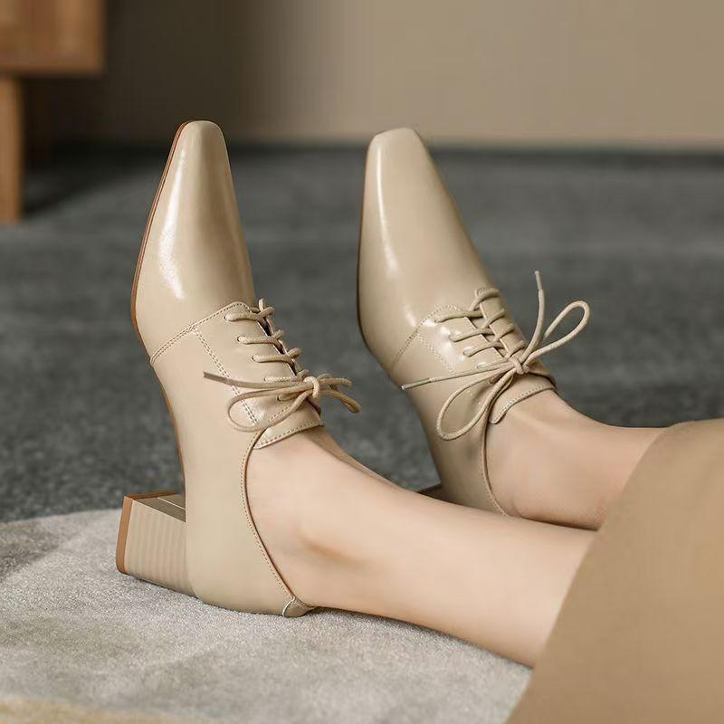 French Small Square Toe Block Heel Single Lace-Up Mid Heel Deep Mouth Women's Shoes