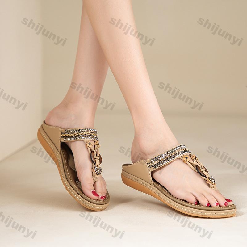 Large Size Women's Flip Flops Summer Lightweight Comfortable Flat Cool Slippers Casual Fashion Rhinestone Soft Sole Beach Shoes