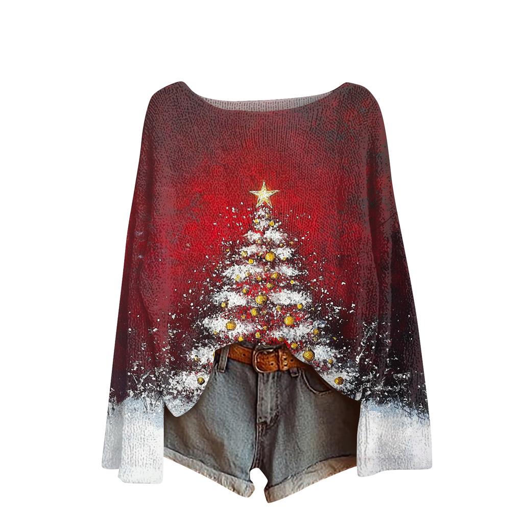 Ladies' Fashionable Casual Long Sleeved Christmas Printed Round Neck Knitted Yarn