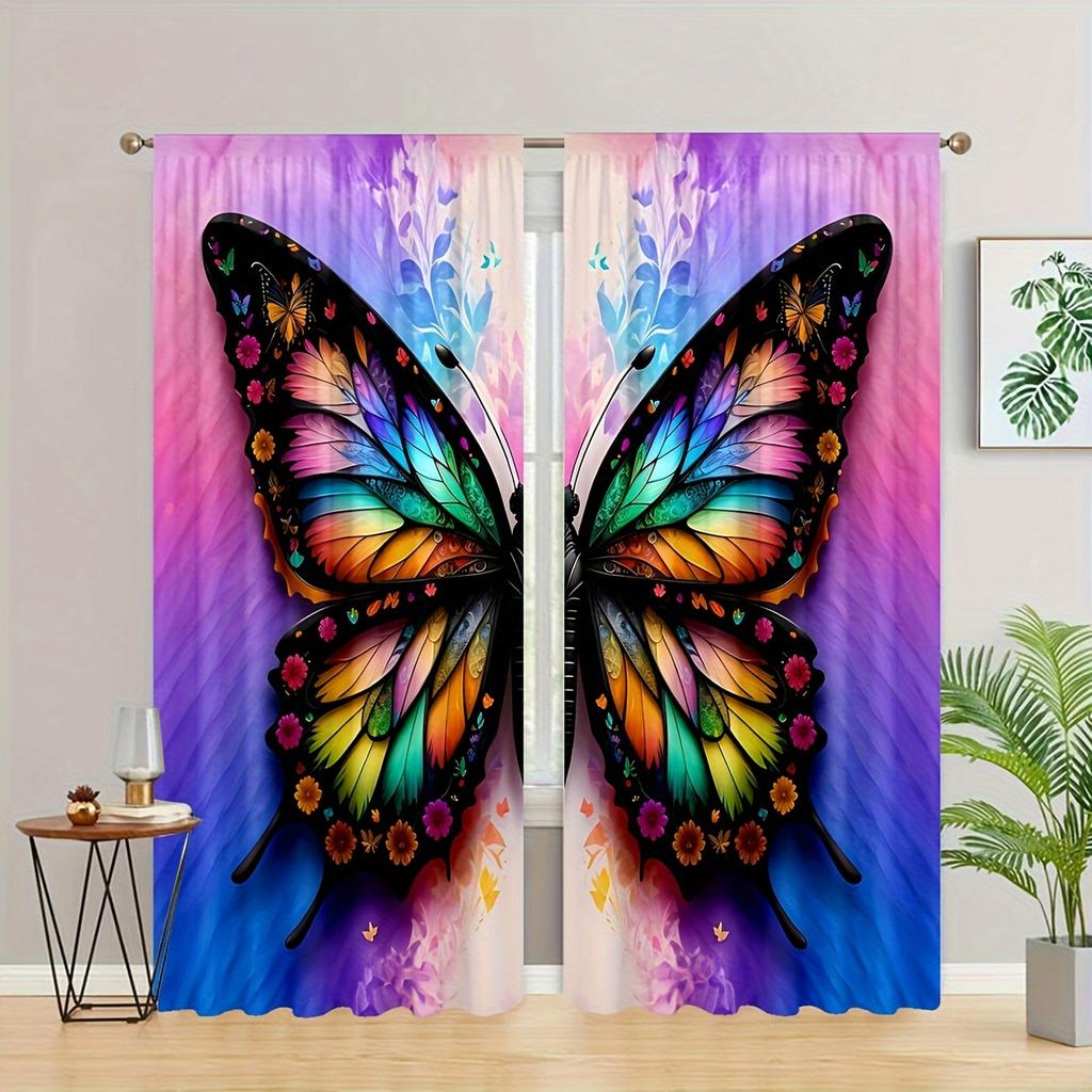 Two Pieces of Semi-Transparent Curtains with a Five-Color Butterfly Print   Suitable for Study   Kitchen   Living Room   Dormitory