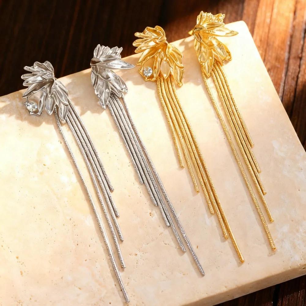 Luxury Temperament Stainless Steel Petal Leaves Tassel Zircon Dangle Earrings for Women Exaggerated Banquet Dress Jewelry Gifts