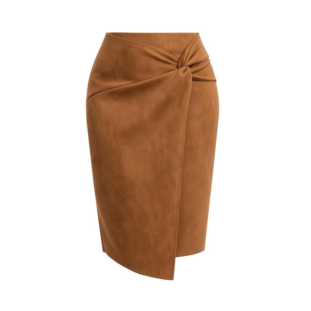 Women's Solid Color Irregular Suede Zipper Skirt High Waisted Buckle Wrapped Hip Twisted Elastic Knot Short Skirt Middle Skirt