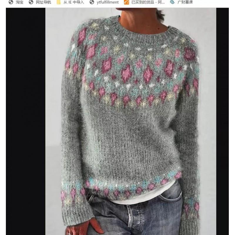 Womens Crew Neck Colorblock Loose Knit Sweater With Geometric Jacquard Acrylic Blend Plus Size S-5XL