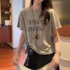 Women Vintage Letter Print Short Sleeve T-shirt Casual Round Neck Side Lace Up Summer Cotton Tee Top